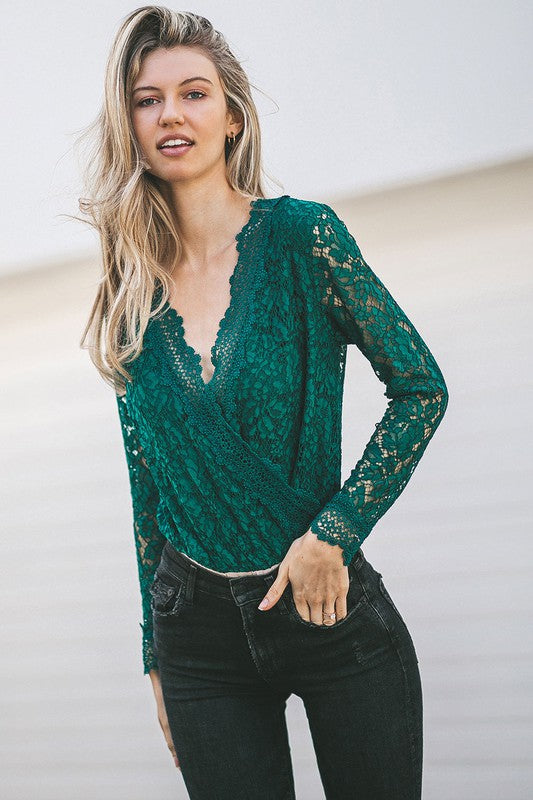 Express Lace Embroidered Emerald Green Floral Long Sleeve Thong Bodysuit V  Neck
